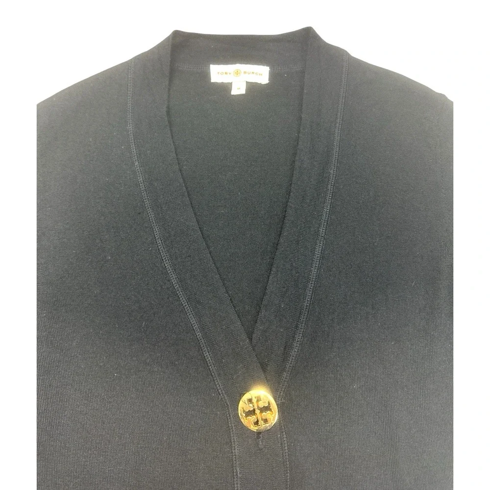 Tory Burch Simone Black Merino Wool Cardigan Sweater Gold Logo Buttons M